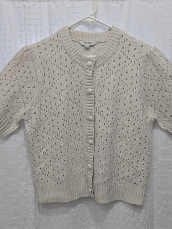 Standard Surplus Sweaters - Short Sleeve Pointelle Cardigan Sweater - Cream